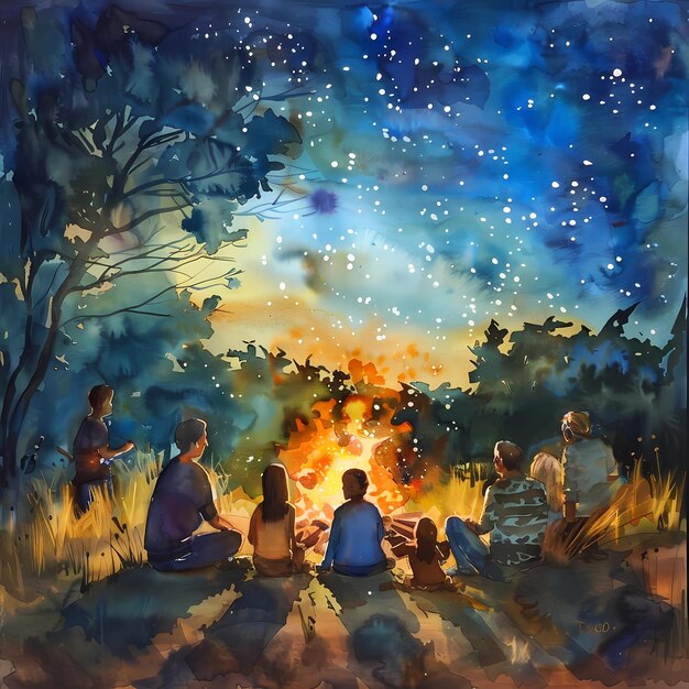 Zdjęcie obraz ludzi siedzących wokół ognia ze słowami nocne niebo