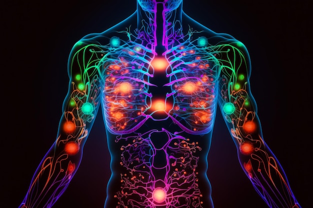 Obraz ludzkiego ciała ze świecącymi narządami Generative AI