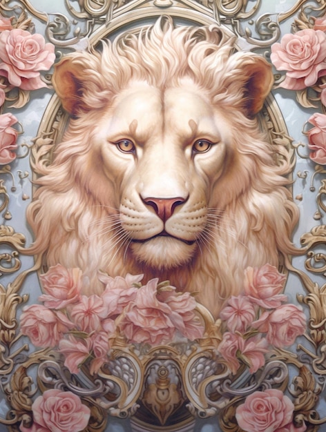Zdjęcie obraz lwa z różami w ramie na ścianie generatywny ai
