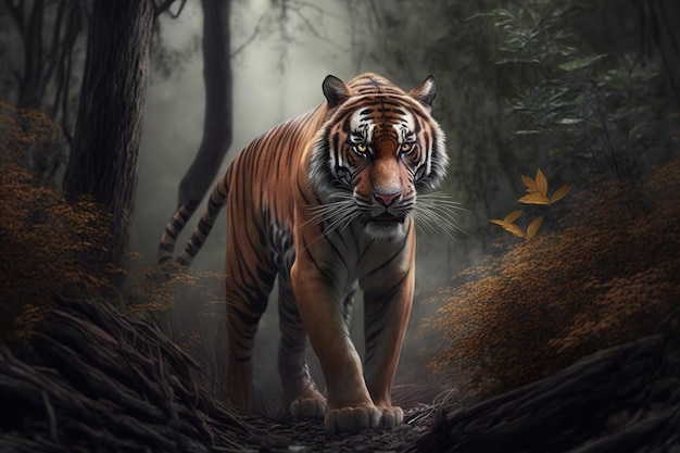 Obraz majestatycznego tygrysa stojącego w środku lasu Wildlife Animals Illustration generative AI