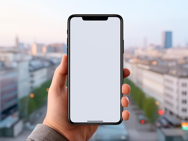 Obraz makiety dłoni trzymającej biały telefon komórkowy z pustym białym ekranem