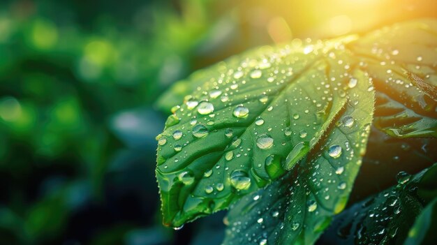 Obraz makro z bliska pokazujący dużą rosę lub krople deszczu na bujne zielone liście