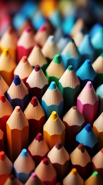 Zdjęcie obraz makro zdjęcie wielu kolorowych ołówków tworzących kolorowe tło pionowa tapeta mobilna