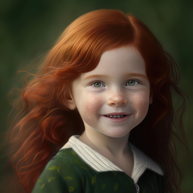 Obraz małej dziewczynki z rudymi włosami i zielonym swetrem.