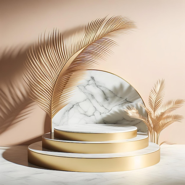 Obraz marmurowego złotego podium z cieniem liści palmowych