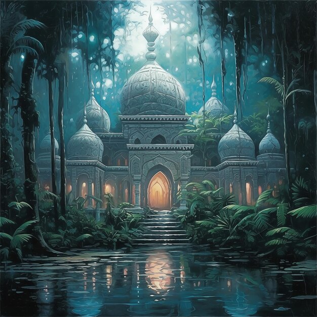 Obraz meczetu w lesie ze stawem i drzewami