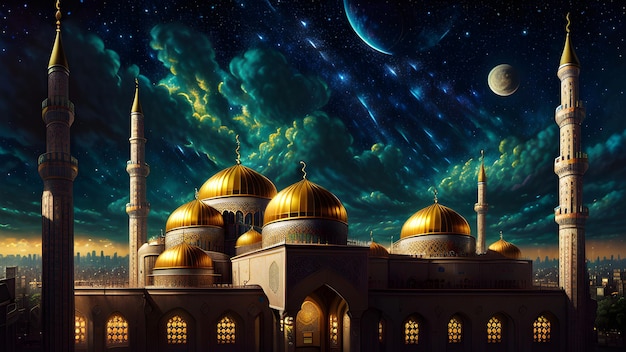 Obraz meczetu z rozgwieżdżonym niebem i rozgwieżdżonym niebem.