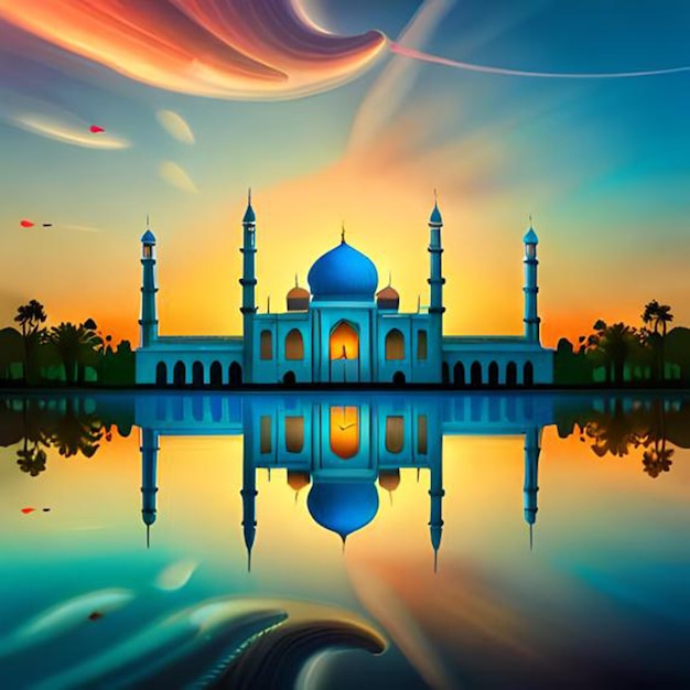 Obraz meczetu z zachodem słońca w tle.