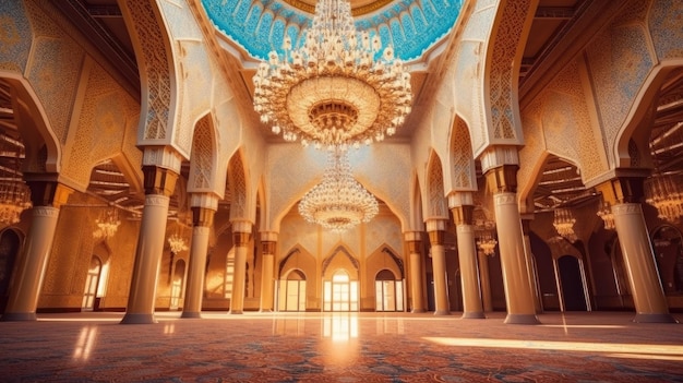 Obraz meczetu z żyrandolem zwisającym z sufitu