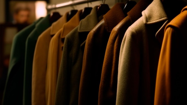 Obraz męskich płaszczy wiszących w rzędzie w sklepie detalicznym Generative AI