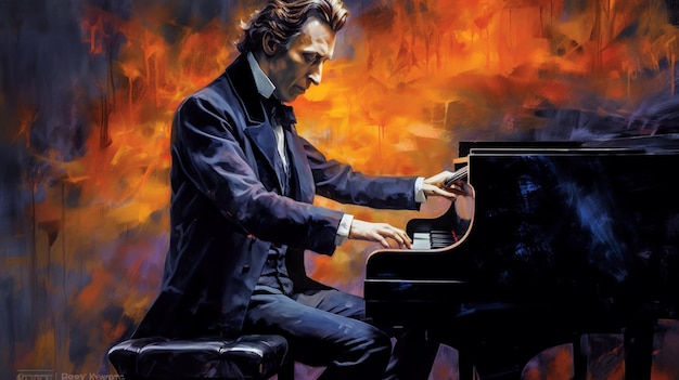 obraz mężczyzny grającego na pianinie w ciemnym garniturze generatywny ai