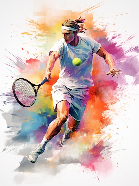 Obraz mężczyzny grającego w tenisa z rakietą tenisową.
