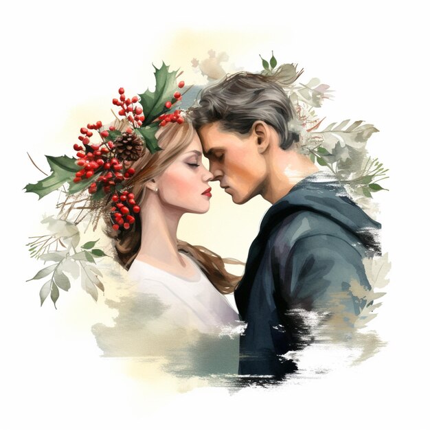 Obraz mężczyzny i kobiety całujących się z wieńcem jagód na głowie generatywny ai