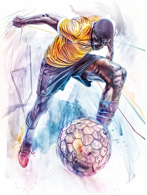 obraz mężczyzny kopającego piłkę nożną w żółtej koszuli generatywny ai