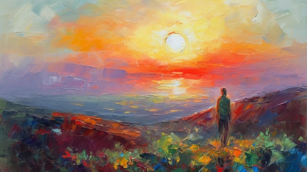 Obraz mężczyzny patrzącego na zachód słońca