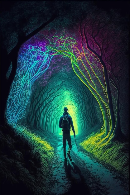 Obraz mężczyzny przechodzącego przez tunel z generatywną sztuczną inteligencją światła neonowego