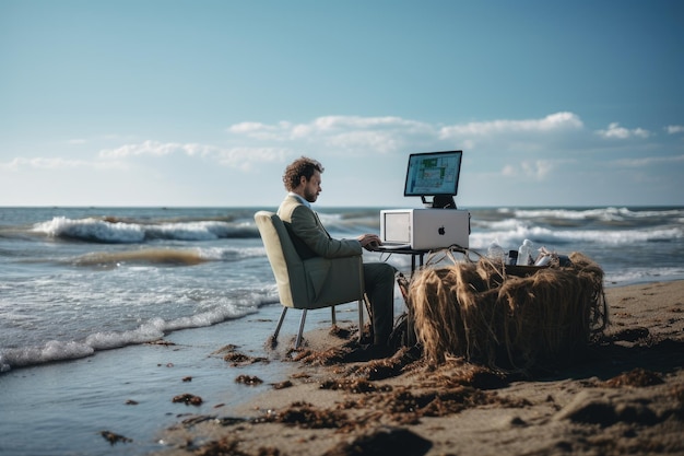 Zdjęcie obraz mężczyzny siedzącego na krześle na plaży, pogrążonego w pracy na komputerze mężczyzna siedzący na krześle na plaży i korzystającego z laptopa ai wygenerowano