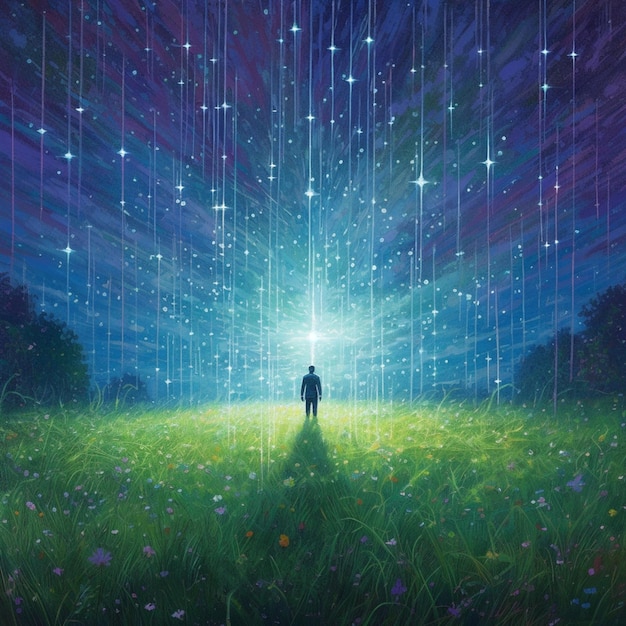 obraz mężczyzny stojącego na polu trawy z gwiazdą na niebie