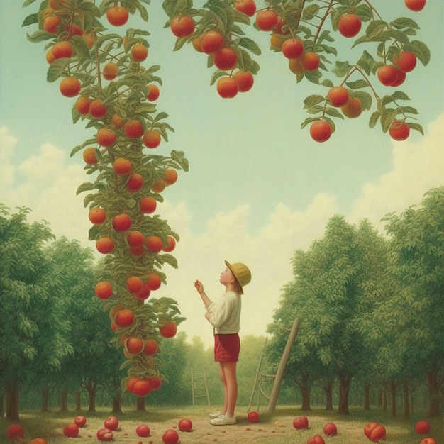 Zdjęcie obraz mężczyzny stojącego pod jabłonią z zbiorem jabłek na nim.