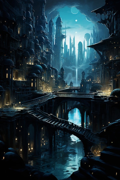 Zdjęcie obraz miasta w ciemności w stylu ciemnego cyanu i jasnego brązu gotycki steampunk