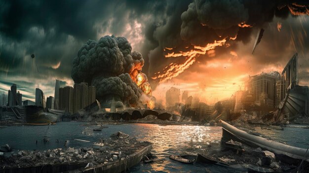 Obraz miasta z pochmurnym niebem i dymem oraz napisem "koniec świata"