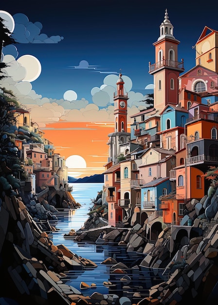 obraz miasta z rzeką i latarnią morską