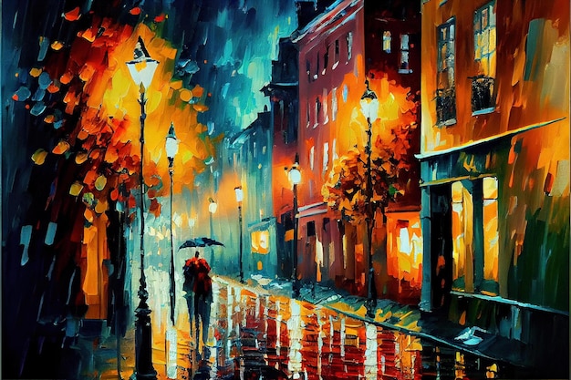 Obraz miejskiej ulicy z parą spacerującą w deszczu.