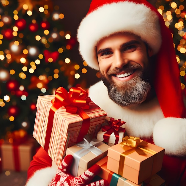 Obraz młodego Świętego Mikołaja trzymającego kolorowe pudełka na prezenty