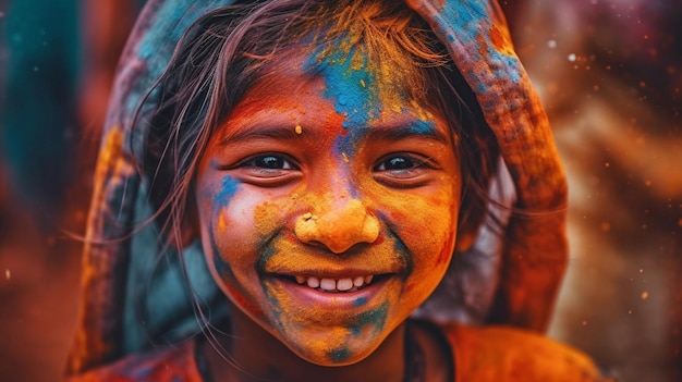 Obraz młodej, uroczej kobiety, która ochlapała się kolorową farbą podczas indyjskiego święta kolorów Holi Generative AI