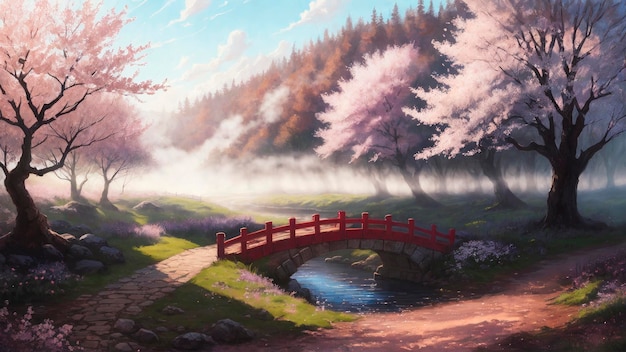 Obraz mostu w lesie z różowymi kwiatami i lasem w tle.