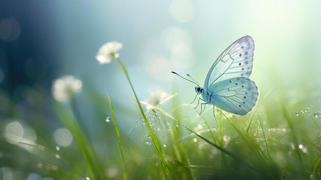 Obraz motyla na zielonej trawie w stylu jasnej białej i jasnej akwamarynowej mgły Paul Barson