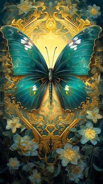 obraz motyla ze złotą ramą i kwiatami generatywnymi ai