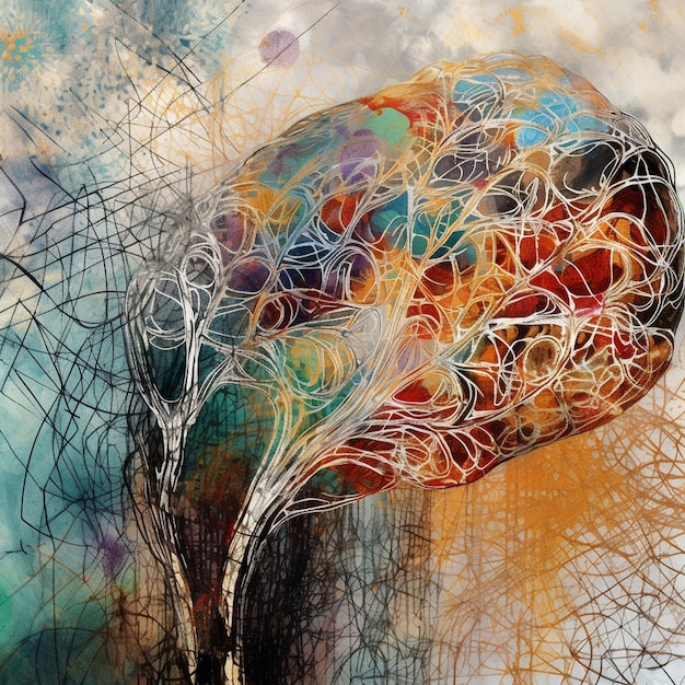 Obraz mózgu z drzewem w tle.