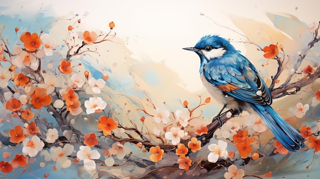 obraz niebieskiego ptaka siedzącego na gałęzi drzewa generatywny ai