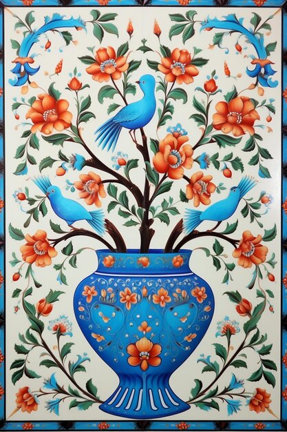 Zdjęcie obraz niebieskiego wazonu z pomarańczowymi kwiatami i ptakami w nim generatywny ai