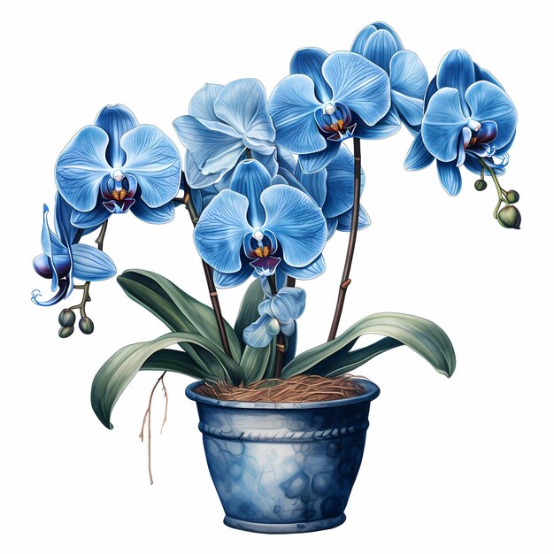 Obraz niebieskiej i białej rośliny z niebieskimi kwiatami.