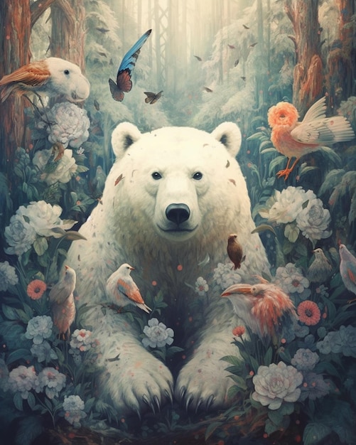obraz niedźwiedzia polarnego otoczonego ptakami i kwiatami