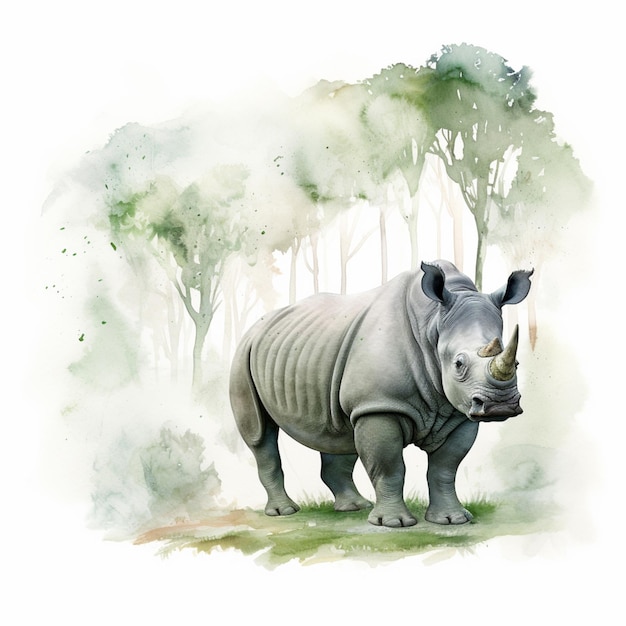 Zdjęcie obraz nosorożca w lesie z drzewami i trawą generatywny ai