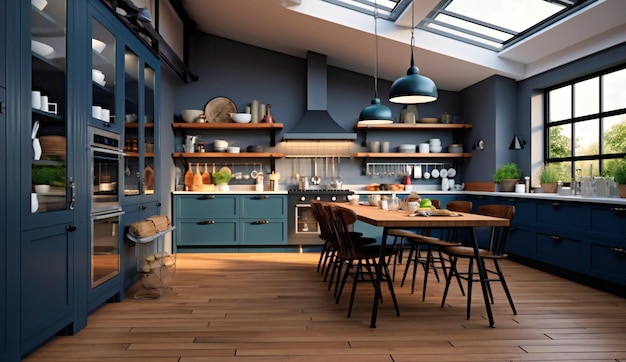 Obraz nowoczesnej kuchni na tle niebieskich ścian z drewnianymi podłogami