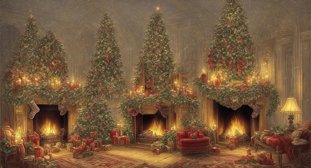 Obraz odzwierciedlający istotę świątecznego oślepiającego drzewa ozdobionego ozdobami błyszczącymi światłami