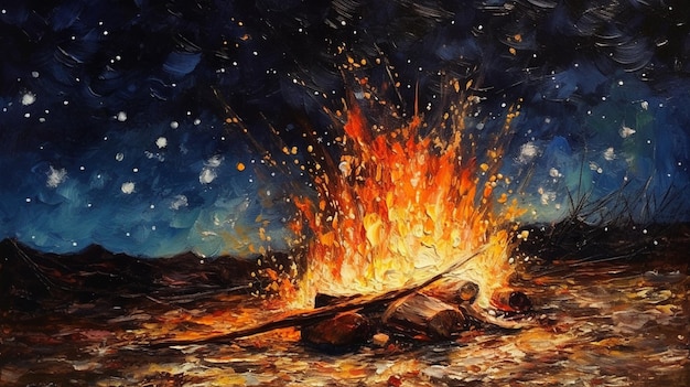 Zdjęcie obraz ognia w środku pola z gwiazdami na niebie generatywny ai