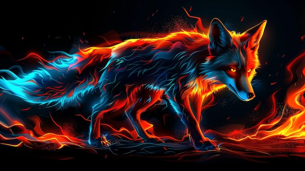 Obraz ognistego wilka, magicznego stworzenia z ognia na czarnym tle.