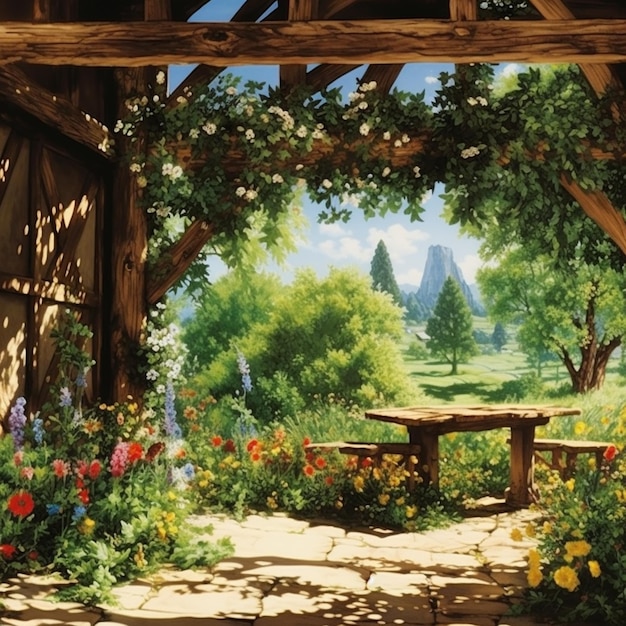 Obraz ogrodu z ławką i kwiatami w cieniu generatywny ai