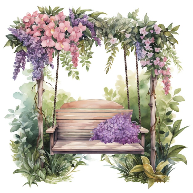 obraz ogrodu z ławką i kwiatami.