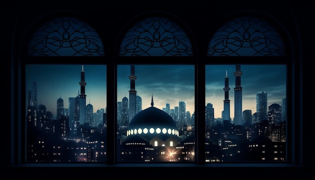 Obraz okna z widokiem na panoramę miasta z meczetem oświetlonym w oddali, aby uczcić Eid alFitr Generative ai
