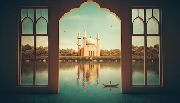 Obraz okna z widokiem na spokojne jezioro lub rzekę z meczetem na brzegach, aby uczcić Eid alFitr Generative ai