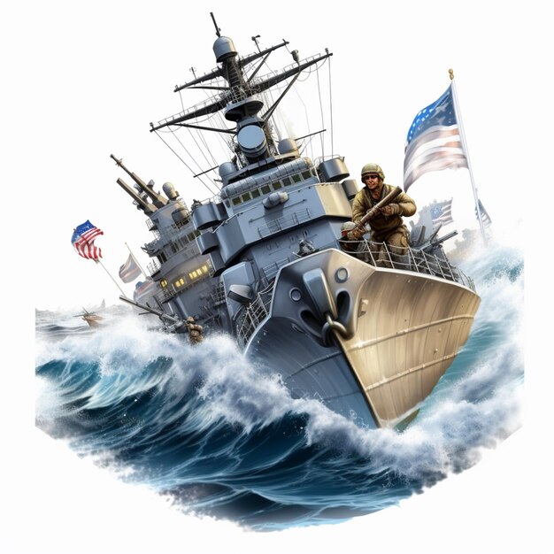 Obraz okrętu marynarki wojennej na oceanie z flagą generatywną ai