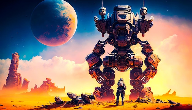 Obraz olbrzymiego robota stojącego na pustyni Generatywna sztuczna inteligencja