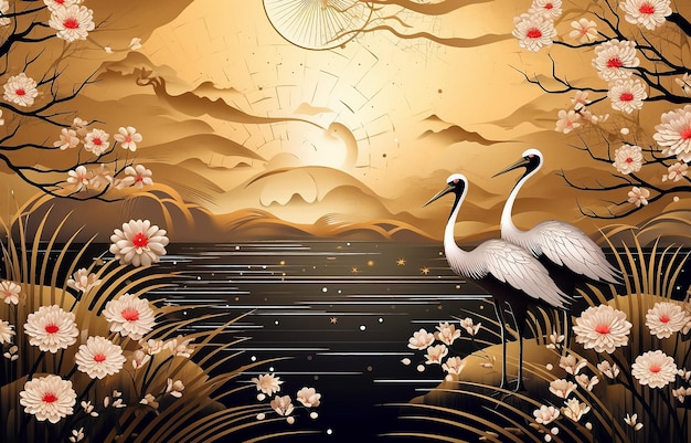 Obraz olejny akwarela złoty element oczy krajobraz malarstwo pejzażowe Chiński wiatr
