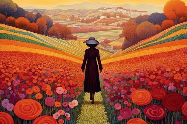 Obraz olejny kobiety idącej przez pole kwiatów w stylu artdeco
